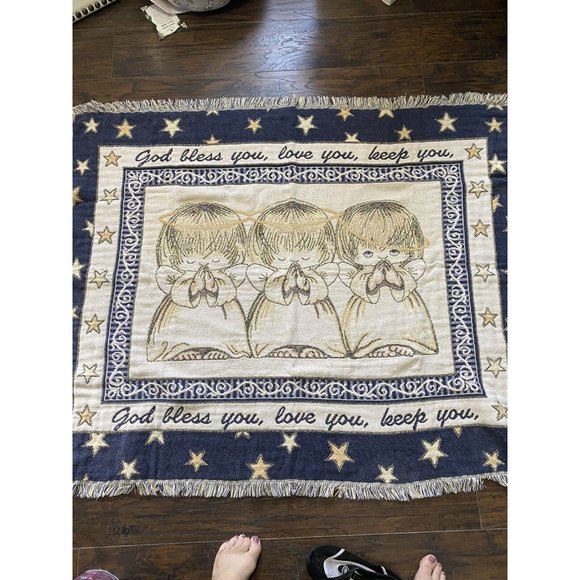 Religious Angels Tapestry Throw Blanket God Bless You Love You  60x48 Pls Read - Picture 1 of 7